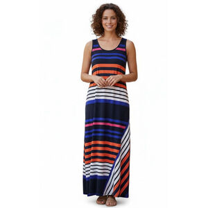 Frank Lyman Navy Orange Striped Sleeveless Maxi Dress Size 12
